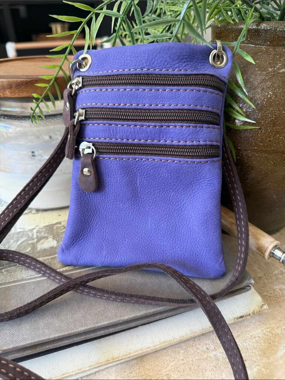 Toscana Leather Crossbody Bag Belt Bag Purple Italy